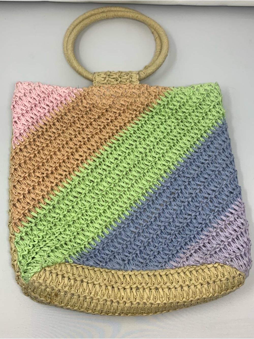 Art Class Straw Tote Woven Colorblock Pastel Boho Beach Bag Round Handle - Picture 2 of 5